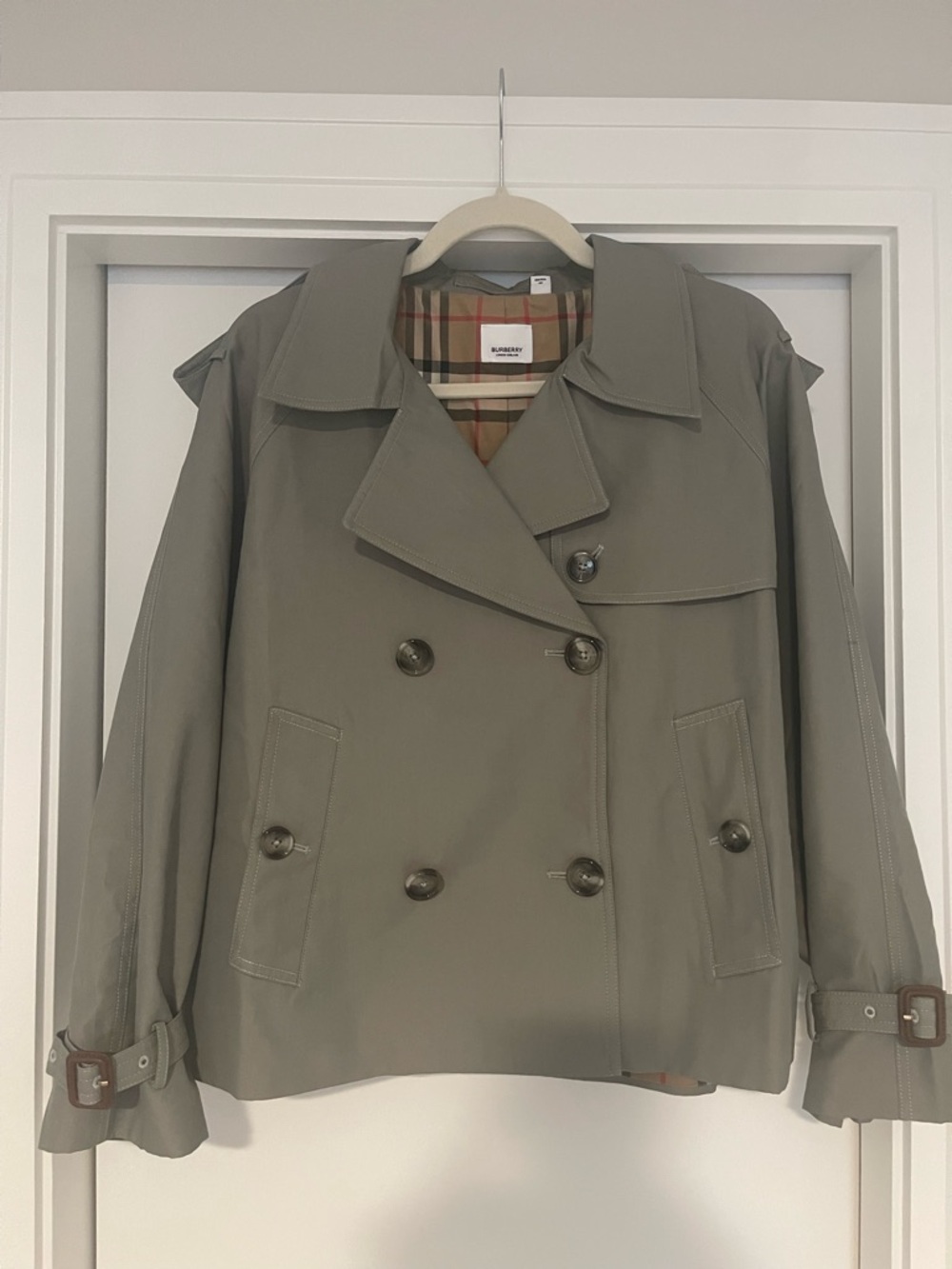 Burberry Olive Green Short Double-Breasted Trench Jacket